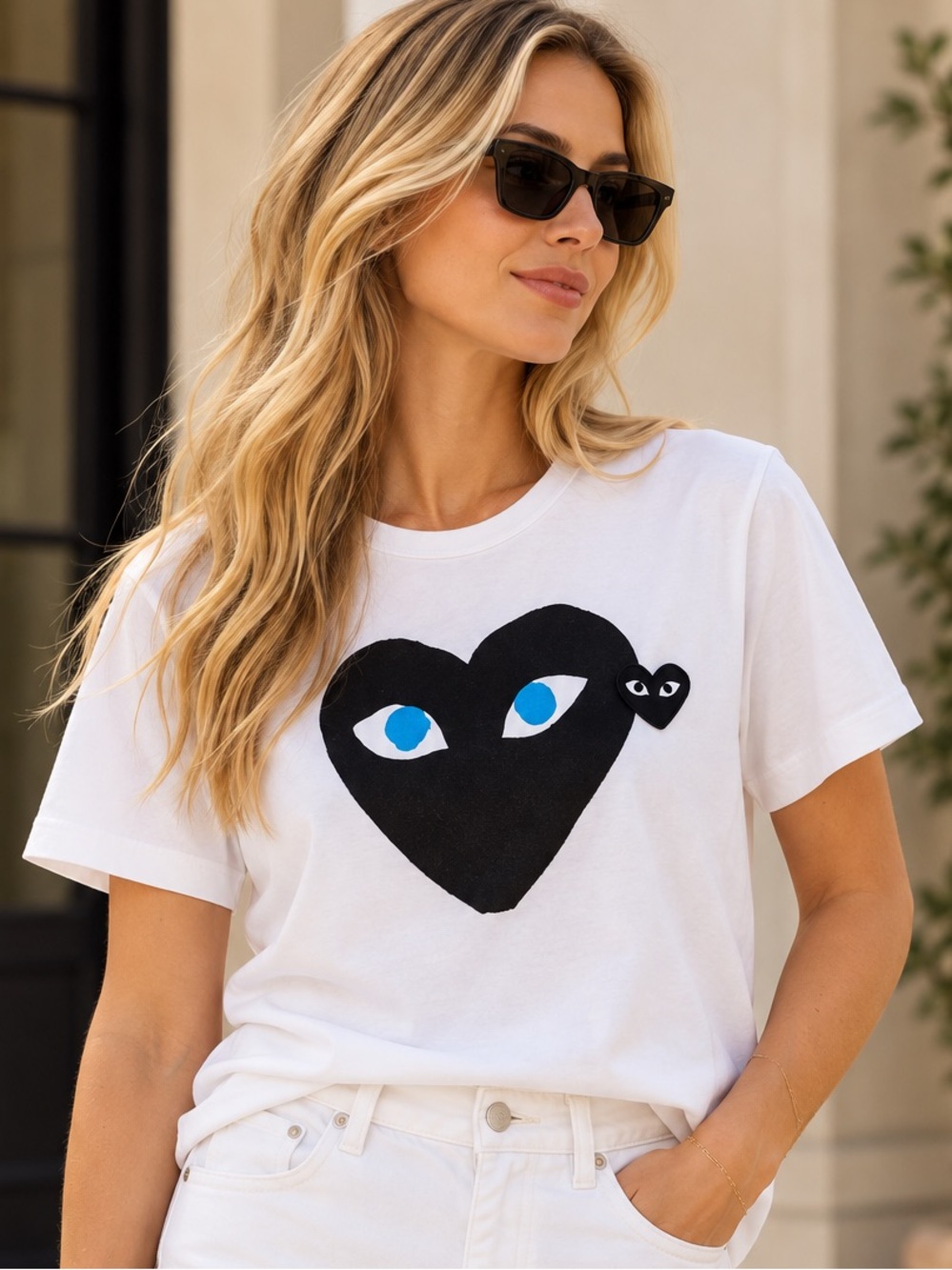 Comme des Garçons PLAY White Tee with Black Heart and Blue Eyes